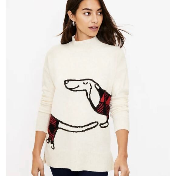 LOFT Dachshund Dog Wool Blend Mock Neck Pullover Sweater Women's Large Cream - Picture 1 of 9
